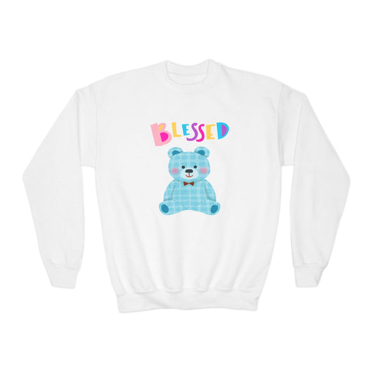 Blessed Blue Teddy Bear, Youth Crewneck Sweatshirt