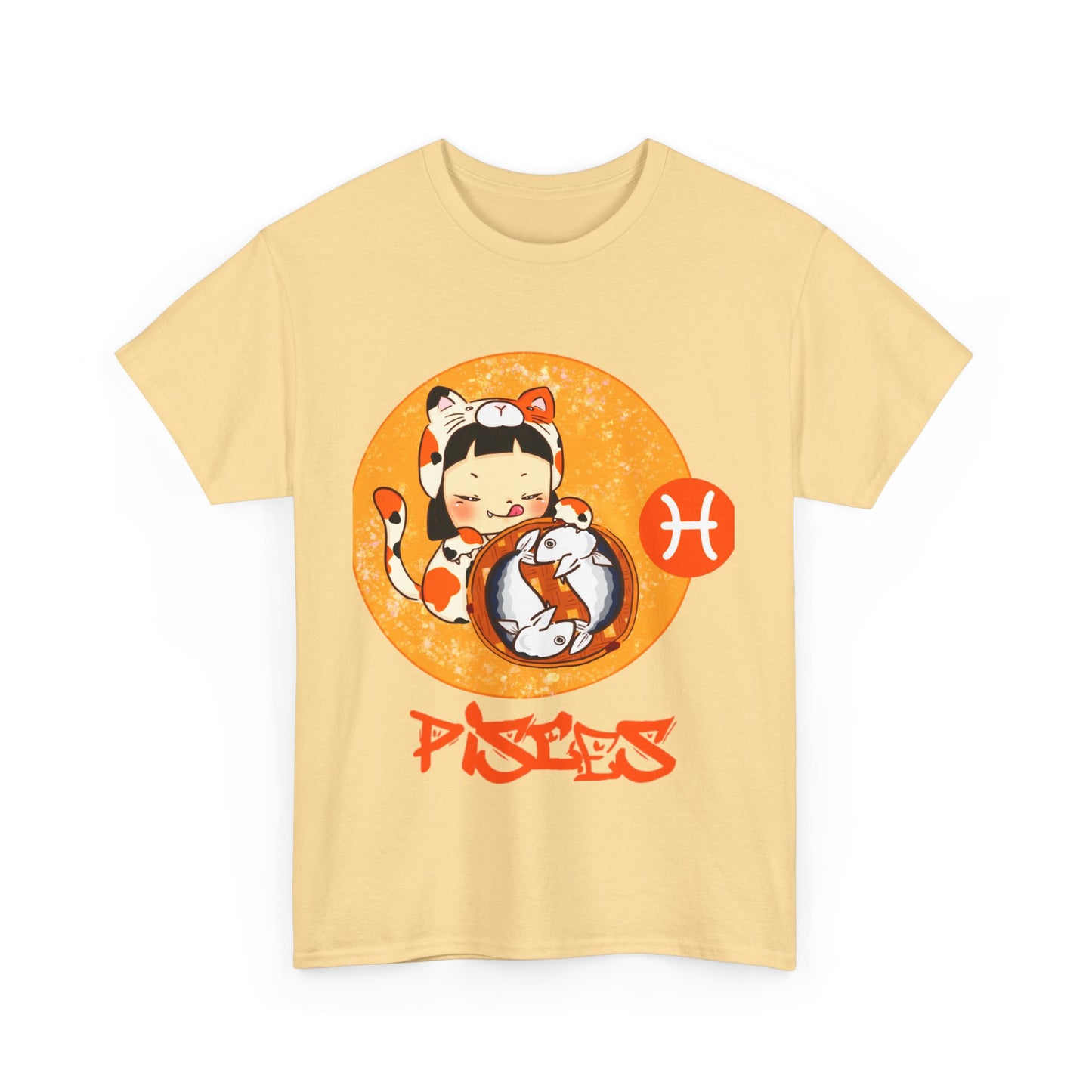 Pisces Chibi Cat Girl & Fish, Unisex Heavy Cotton Tee