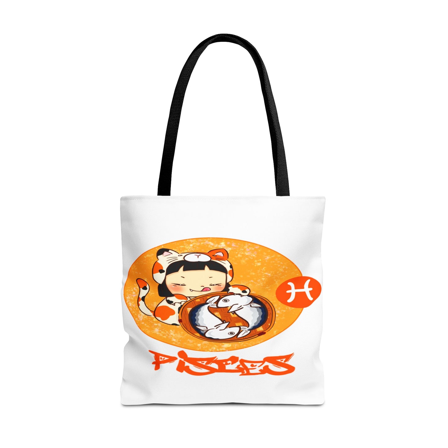 Pisces Chibi Cat Girl & Fish White Tote Bag, 3 Sizes