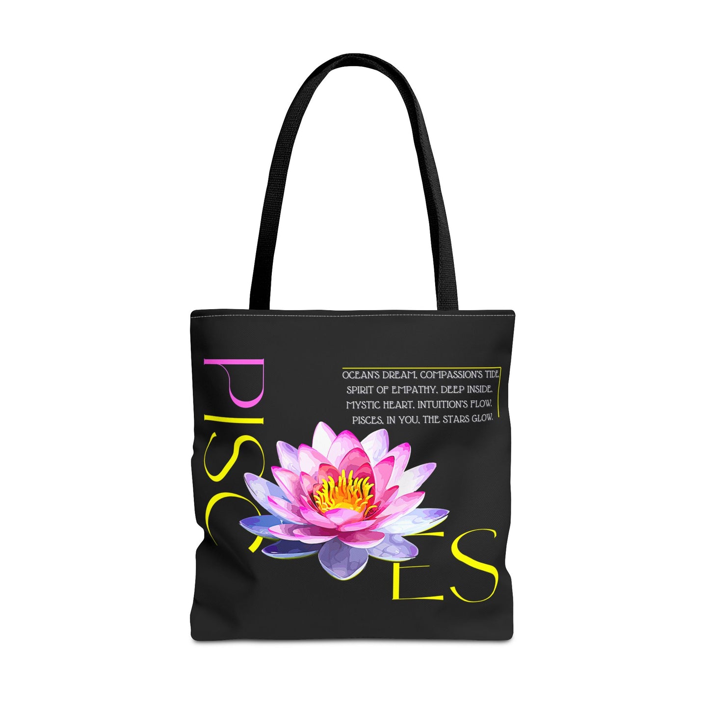 Pisces Lotus Flower Black Tote Bag, 3 Sizes