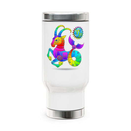 Capricorn Rainbow Steampunk, Stainless Steel Travel Mug with Handle, 14 oz