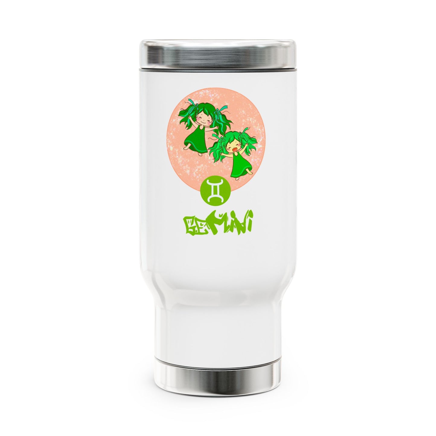 Gemini Chibi Twin Girls, Stainless Steel Travel Mug with Handle, 14 oz