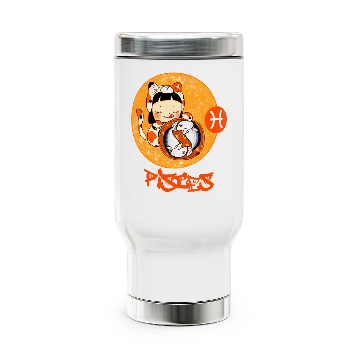 Pisces Chibi Cat Girl & Fish, Stainless Steel Travel Mug with Handle, 14 oz