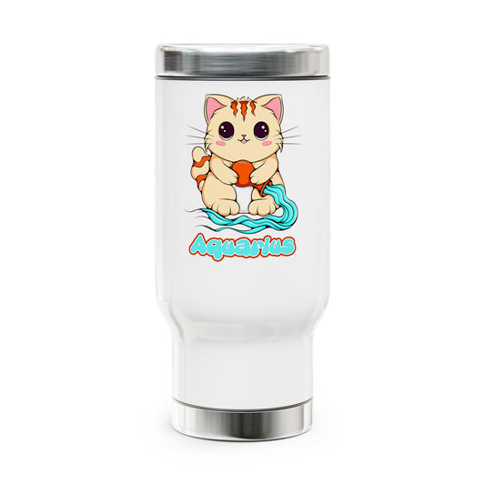 Aquarius Anime Cat, Stainless Steel Travel Mug with Handle, 14oz