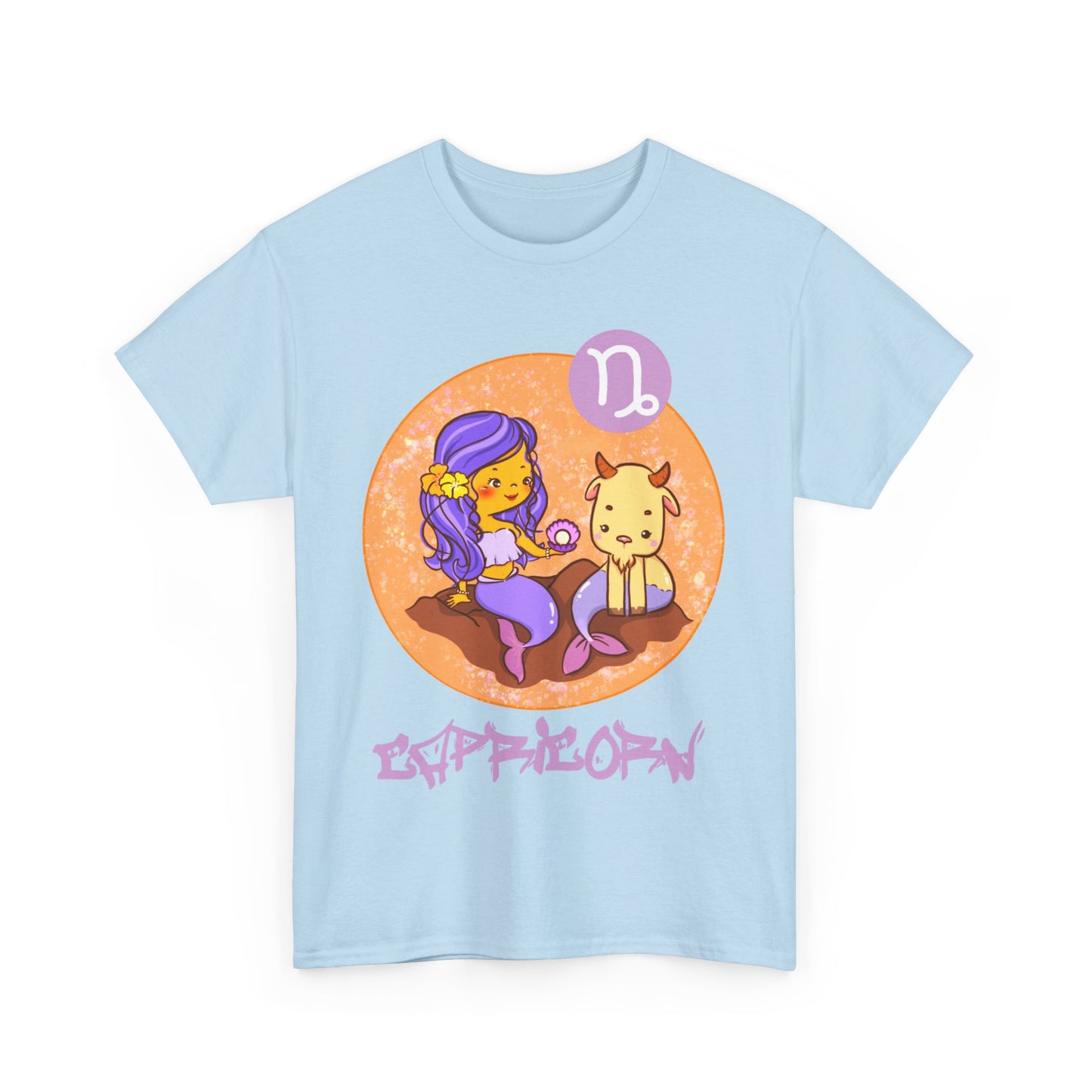 Capricorn Mermaid Chibi Girl & Goat, Unisex Heavy Cotton Tee