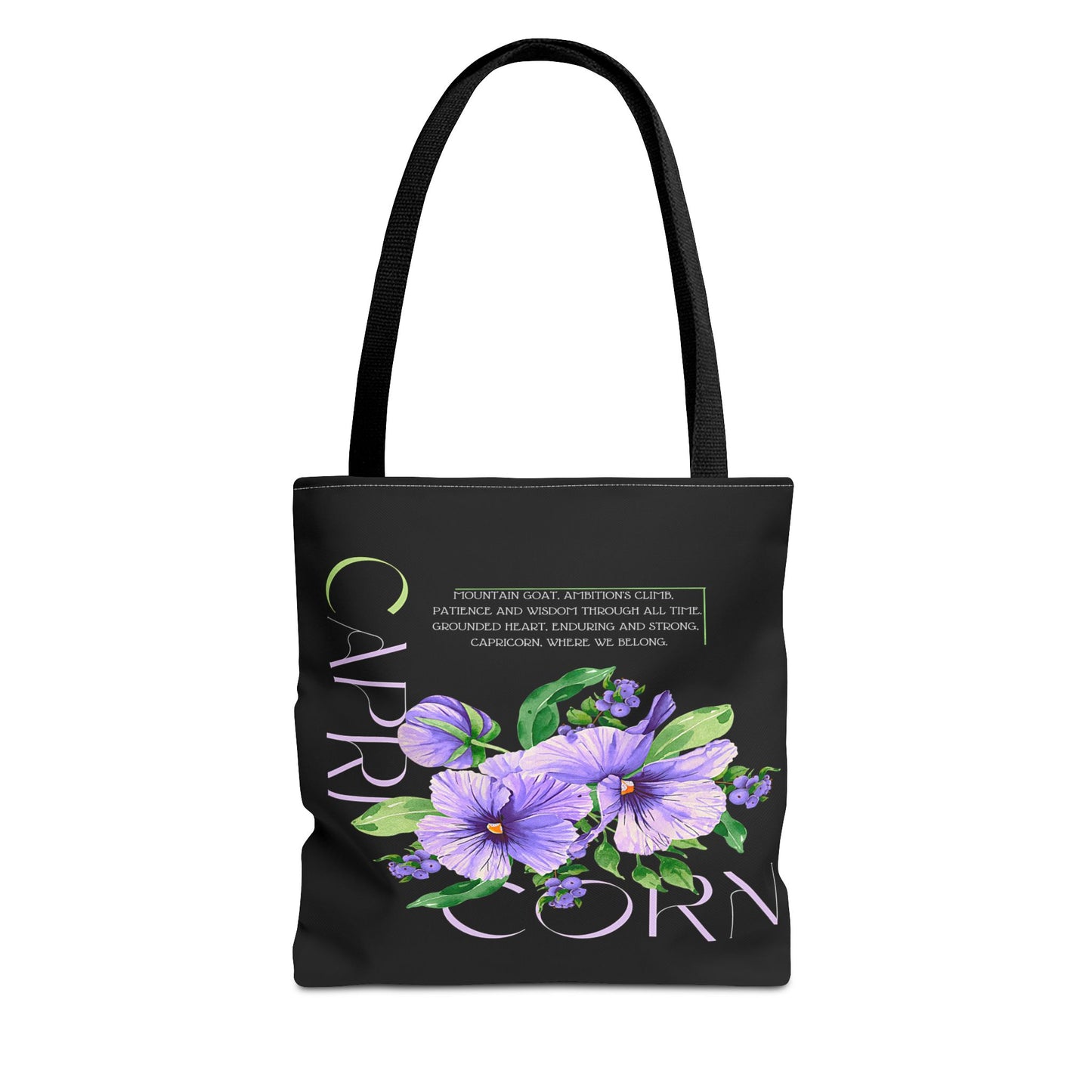 Capricorn Pansies Black Tote Bag, 3 Sizes