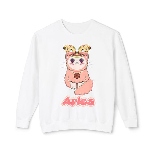 Aries Anime Cat, Unisex Lightweight Crewneck Sweatshirt