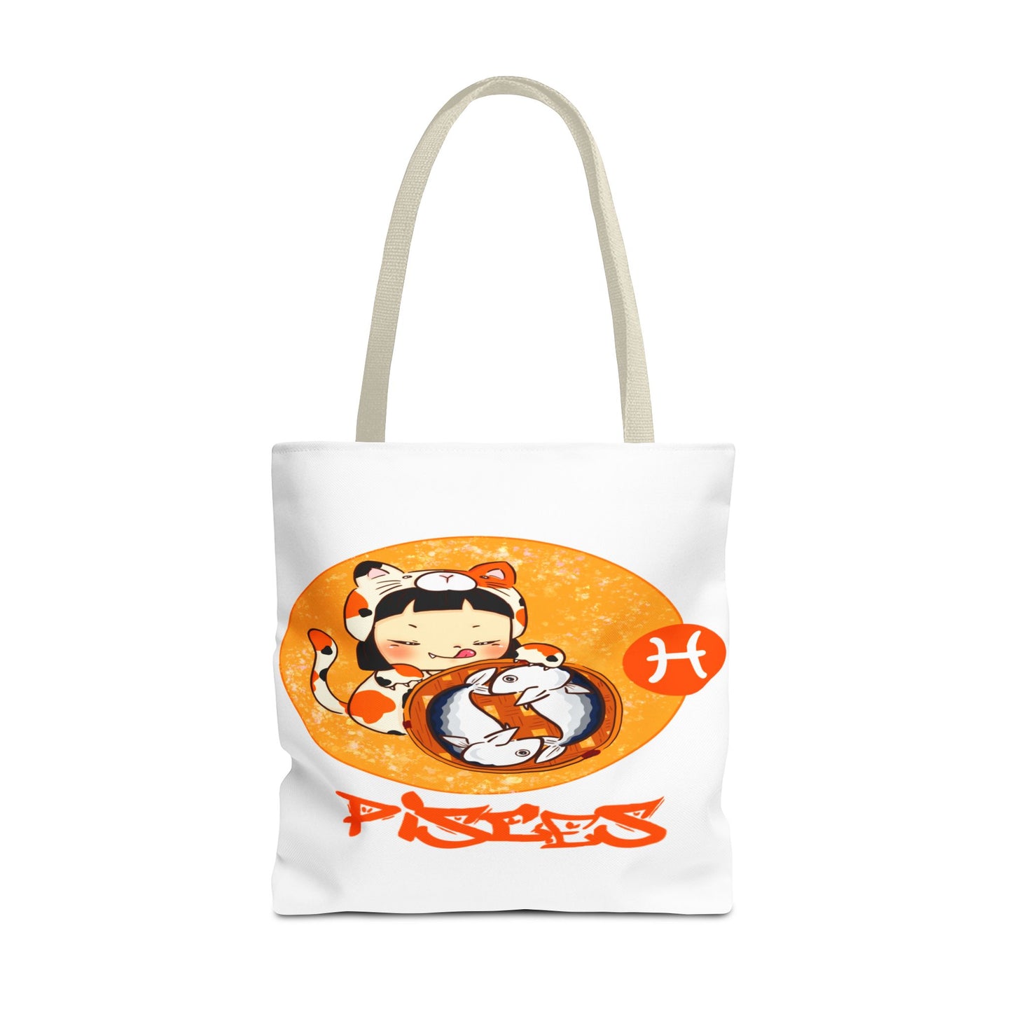 Pisces Chibi Cat Girl & Fish White Tote Bag, 3 Sizes