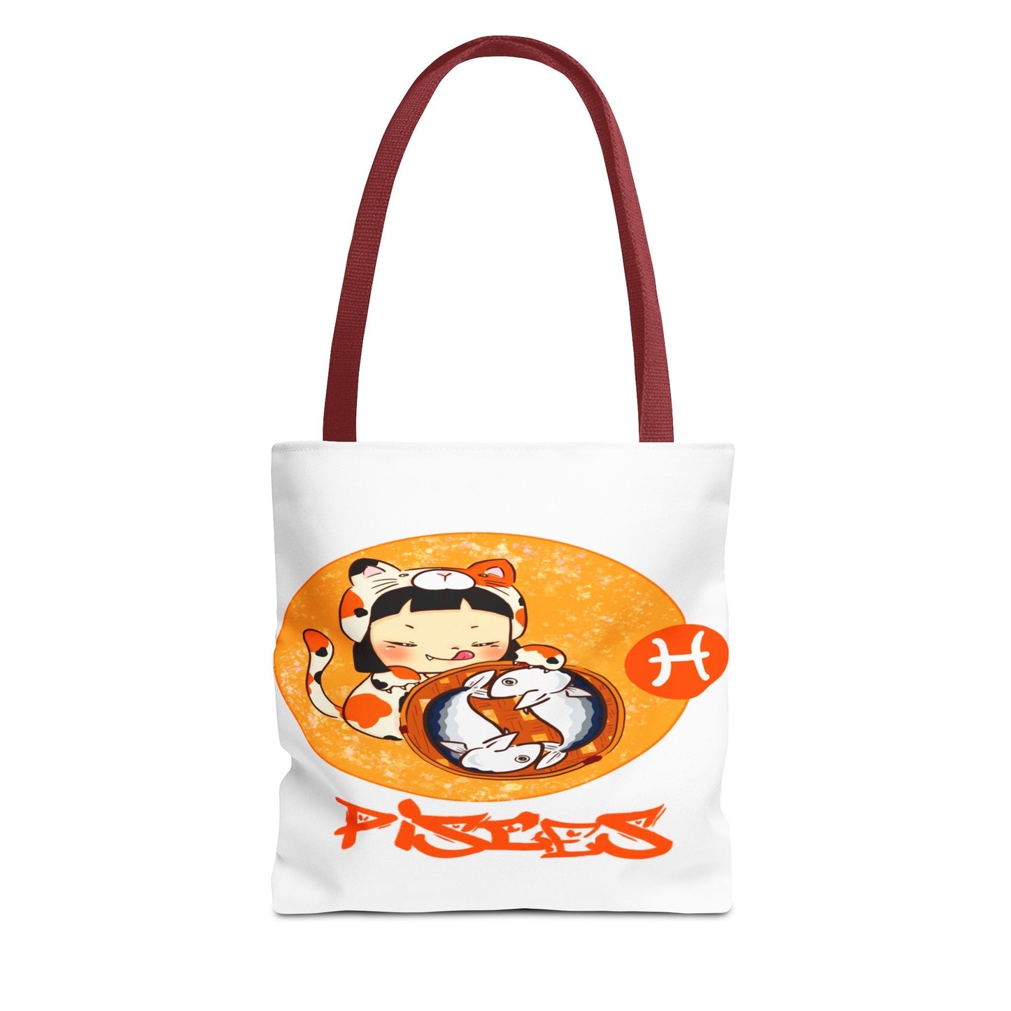 Pisces Chibi Cat Girl & Fish White Tote Bag, 3 Sizes