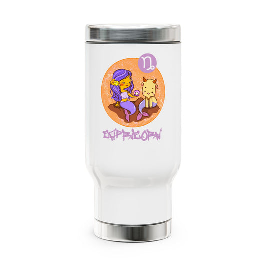 Capricorn Chibi Mermaid & Goat, Stainless Steel Travel Mug with Handle, 14 oz