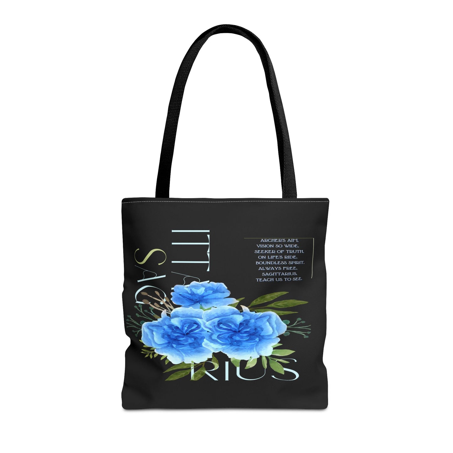 Sagittarius Blue Carnations Black Tote Bag, 3 Sizes