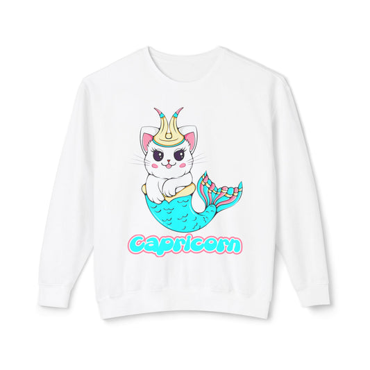 Capricorn Anime Cat, Unisex Lightweight Crewneck Sweatshirt