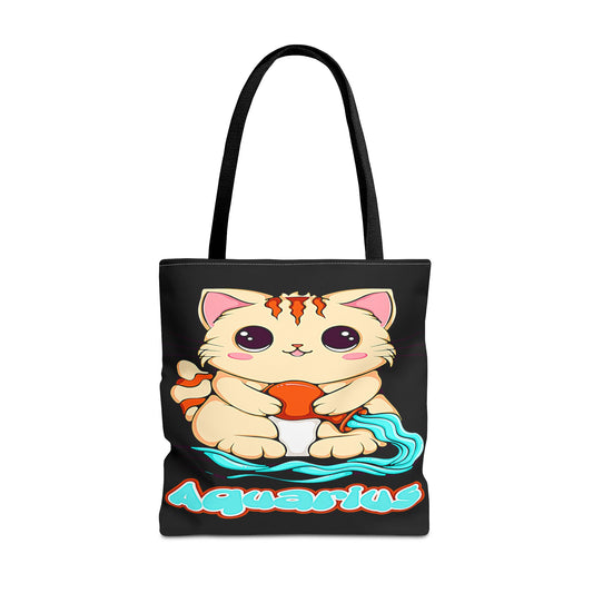 Aquarius Anime Cat Black Tote Bag, 3 Sizes