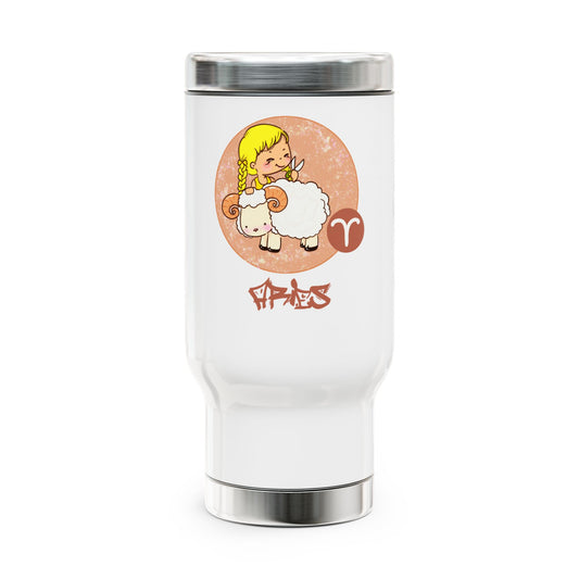 Aries Chibi Girl & Ram, Stainless Steel Travel Mug with Handle, 14 oz