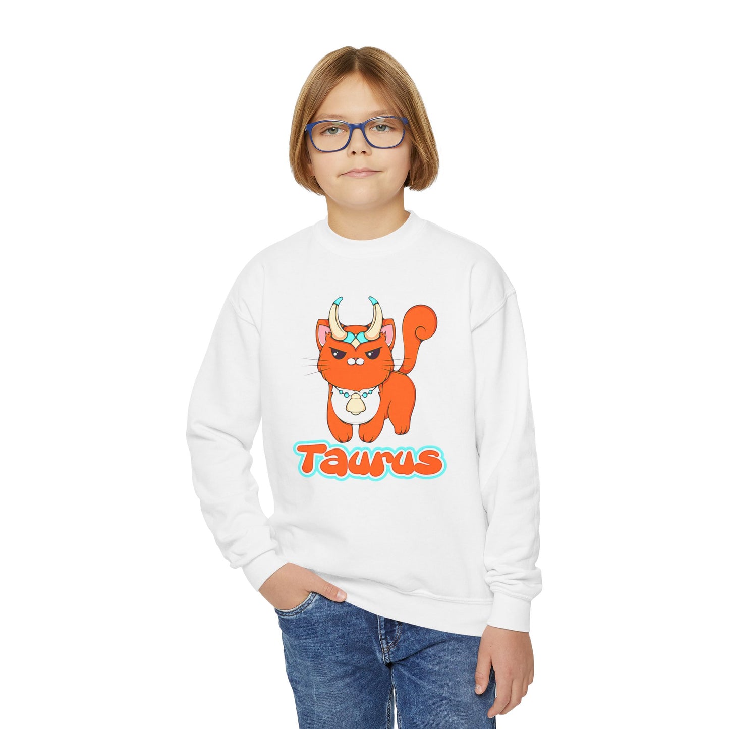 Taurus Anime Cat, Youth Crewneck Sweatshirt