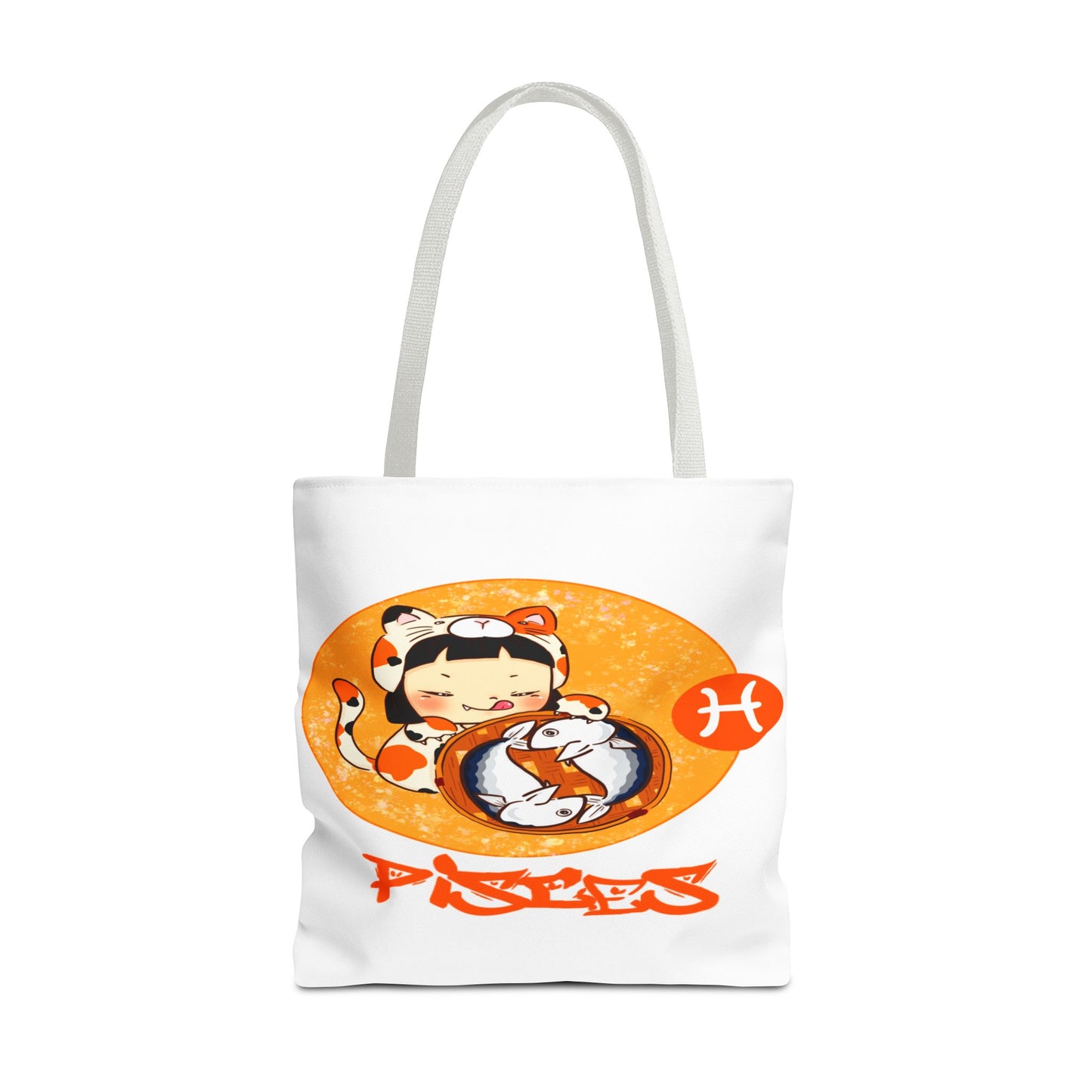 Pisces Chibi Cat Girl & Fish White Tote Bag, 3 Sizes