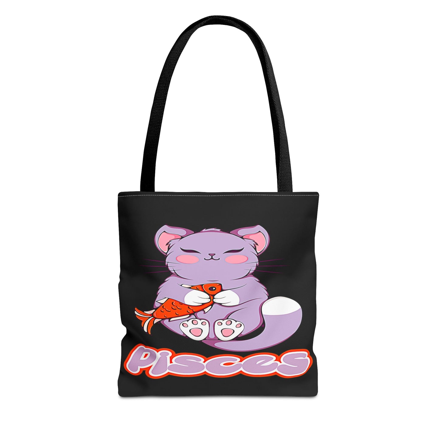 Pisces Anime Cat Black Tote Bag, 3 Sizes