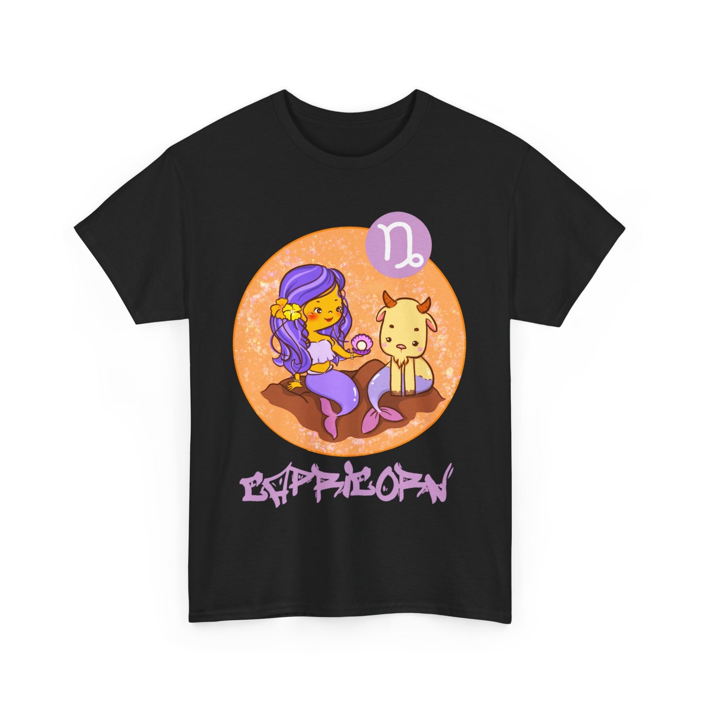 Capricorn Mermaid Chibi Girl & Goat, Unisex Heavy Cotton Tee