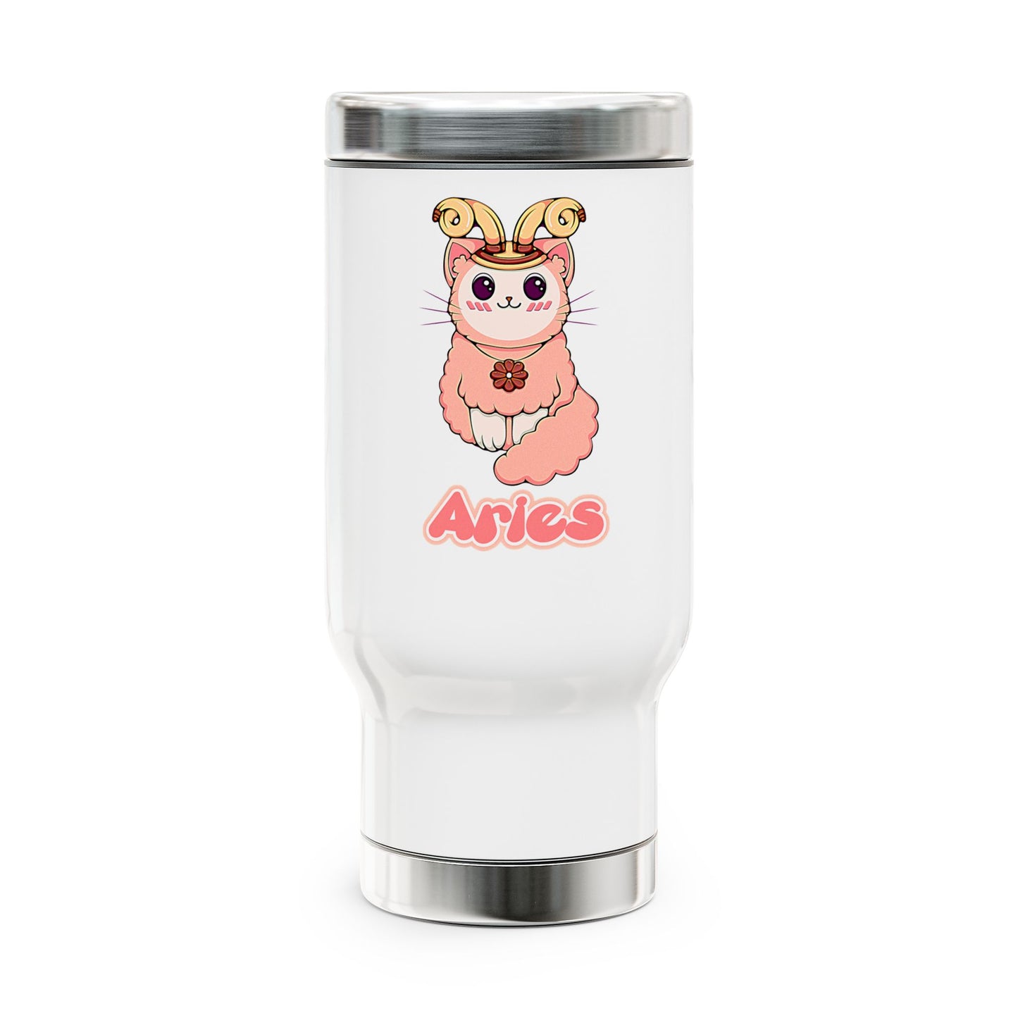 Aries Anime Cat, Stainless Steel Travel Mug with Handle, 14oz