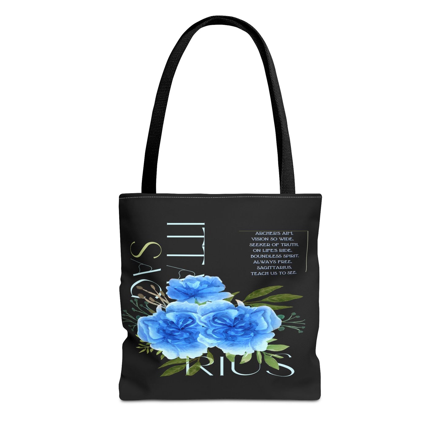 Sagittarius Blue Carnations Black Tote Bag, 3 Sizes