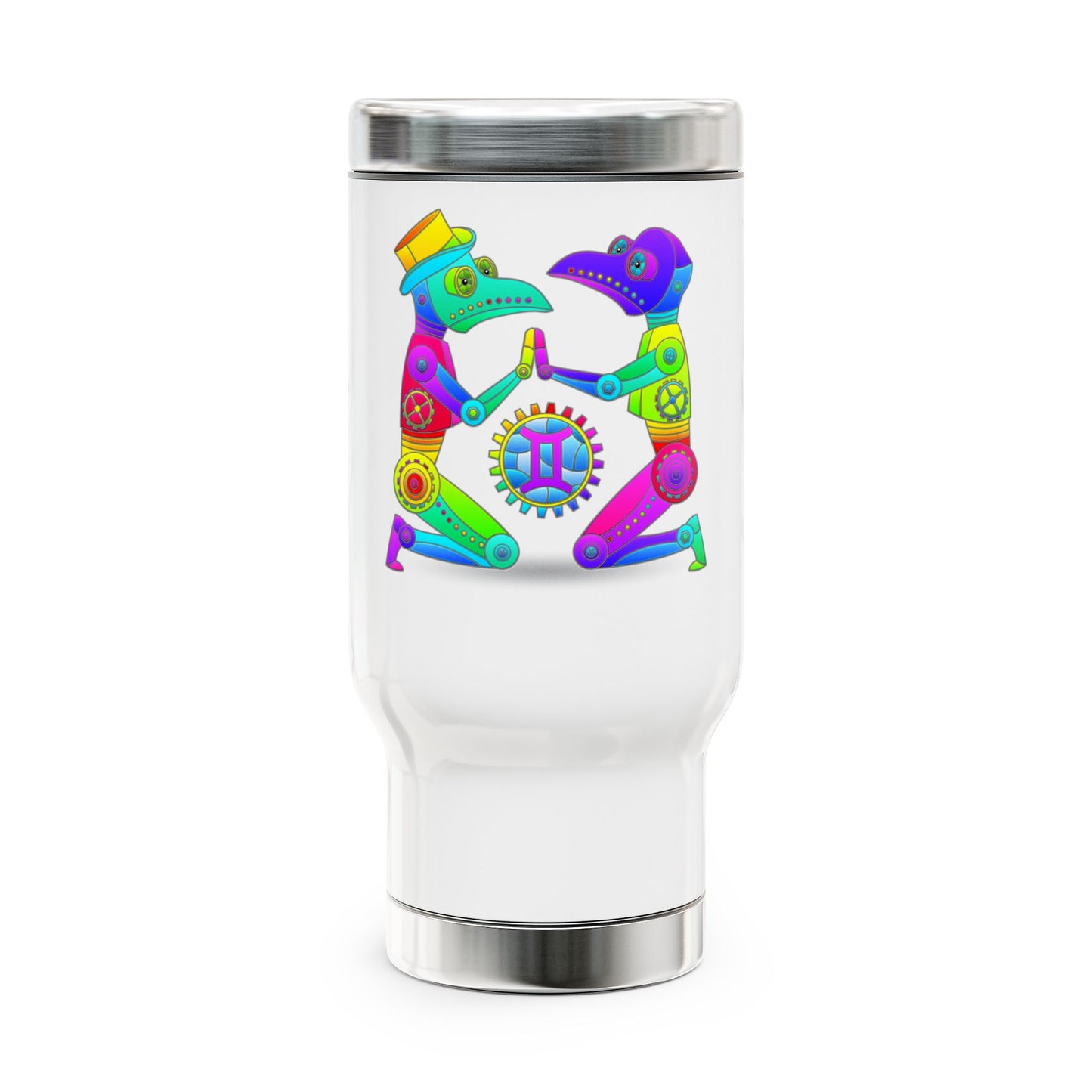 Gemini Rainbow Steampunk, Stainless Steel Travel Mug with Handle, 14 oz