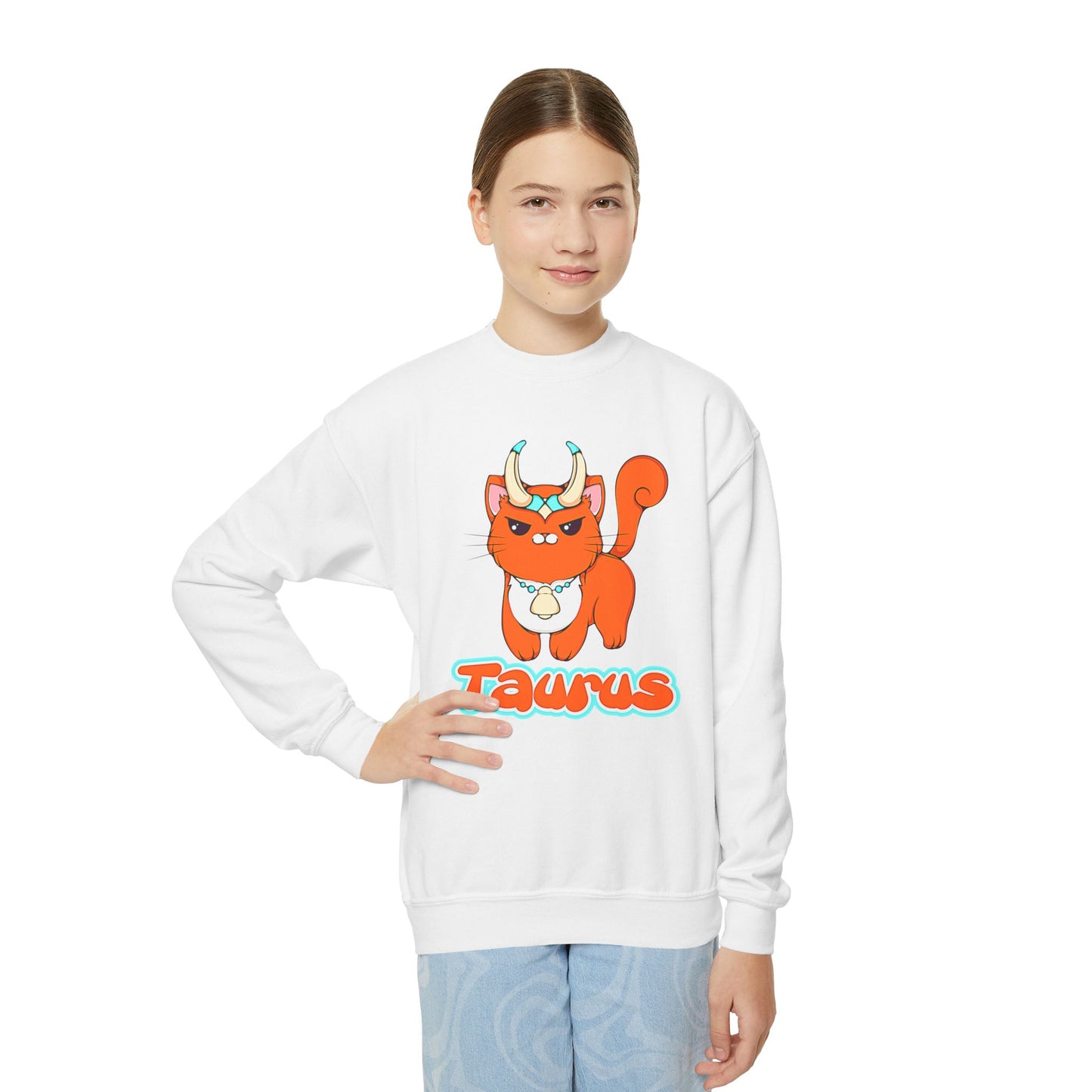 Taurus Anime Cat, Youth Crewneck Sweatshirt