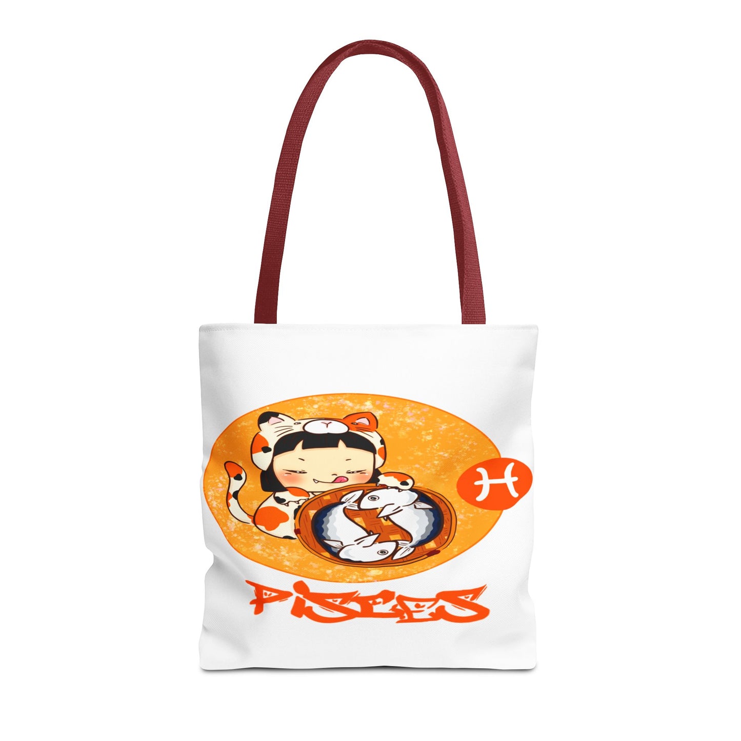 Pisces Chibi Cat Girl & Fish White Tote Bag, 3 Sizes