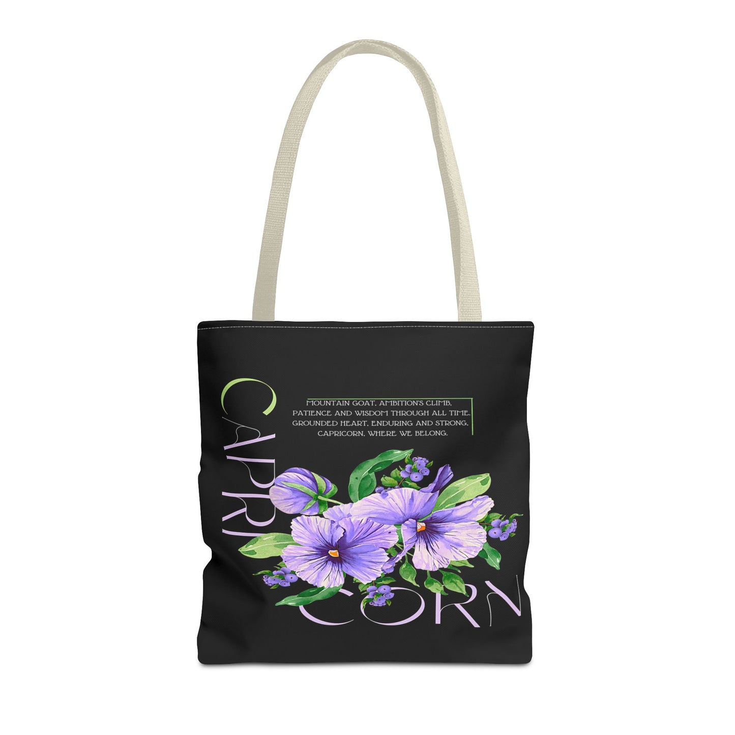 Capricorn Pansies Black Tote Bag, 3 Sizes