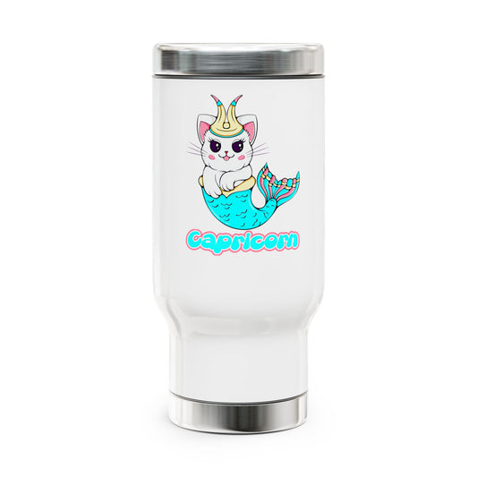 Capricorn Anime Cat, Stainless Steel Travel Mug with Handle, 14oz