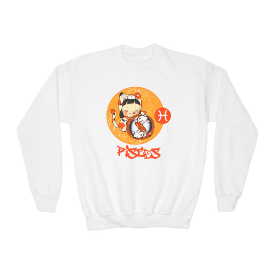 Pisces Chibi Cat Girl & Fish, Youth Crewneck Sweatshirt