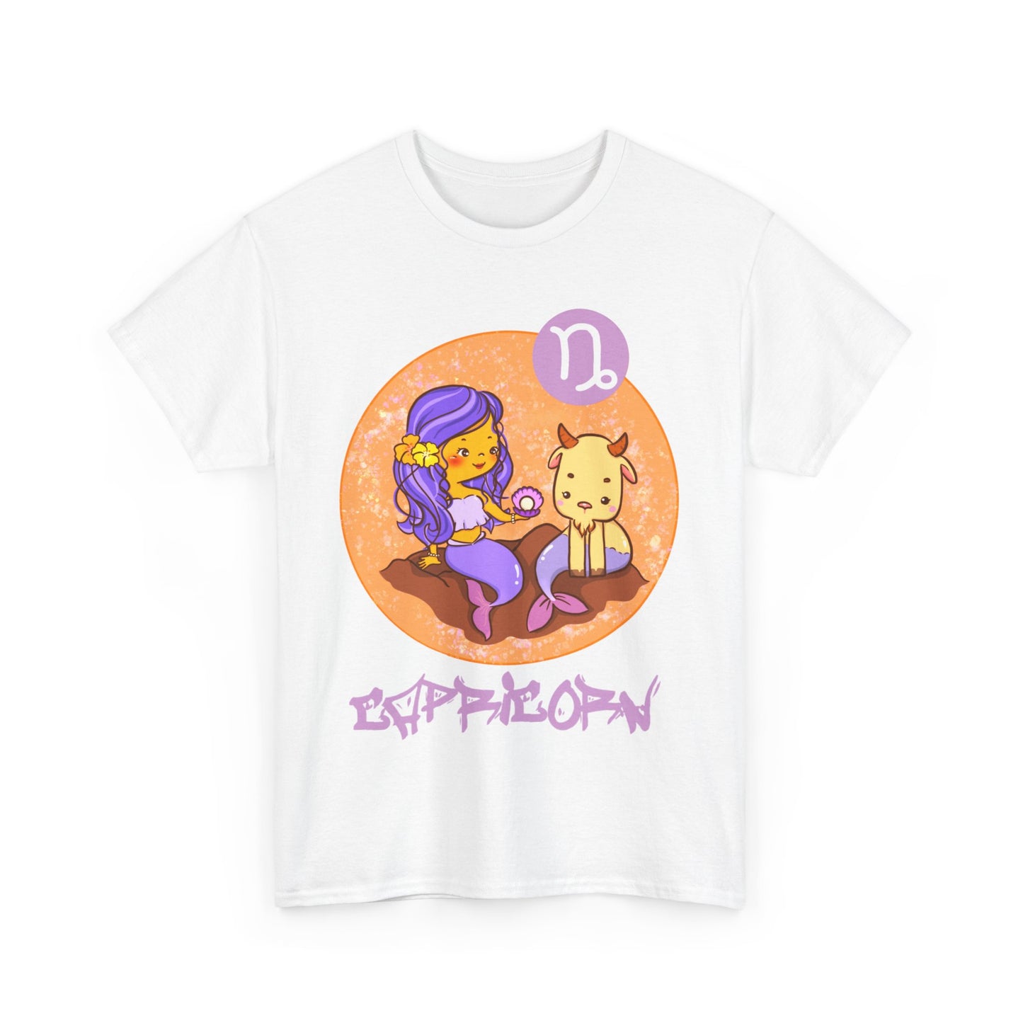 Capricorn Mermaid Chibi Girl & Goat, Unisex Heavy Cotton Tee