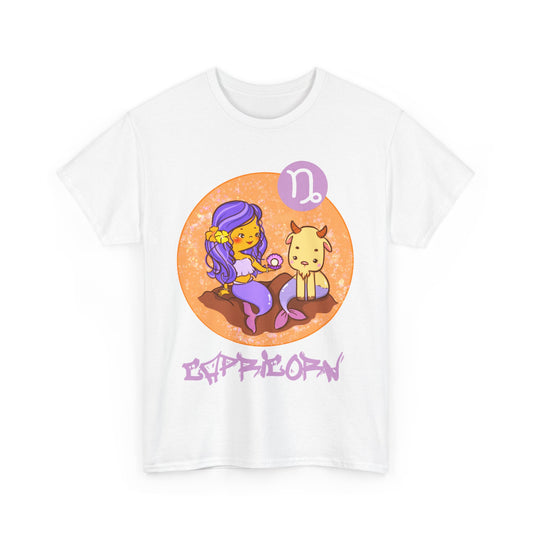 Capricorn Mermaid Chibi Girl & Goat, Unisex Heavy Cotton Tee