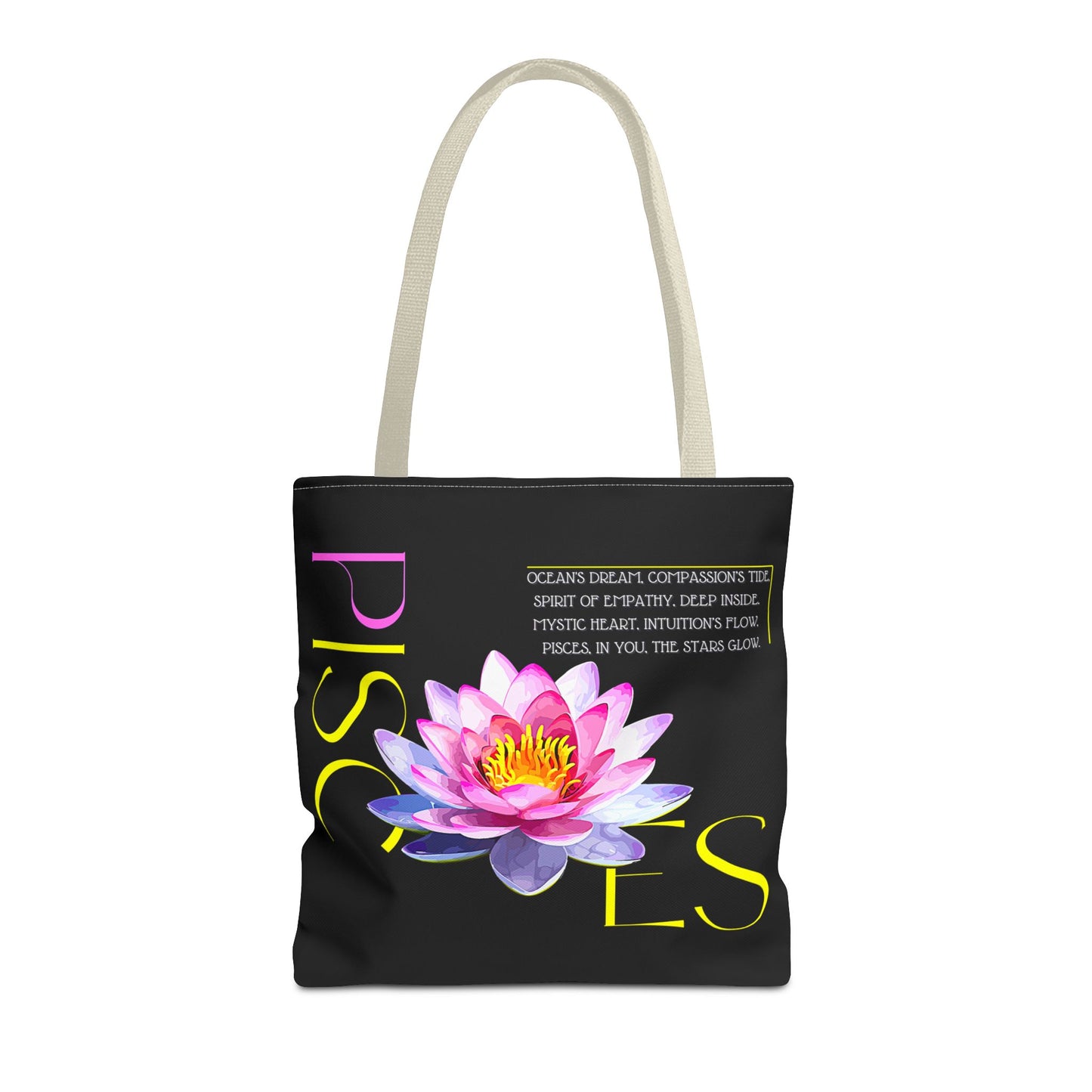 Pisces Lotus Flower Black Tote Bag, 3 Sizes