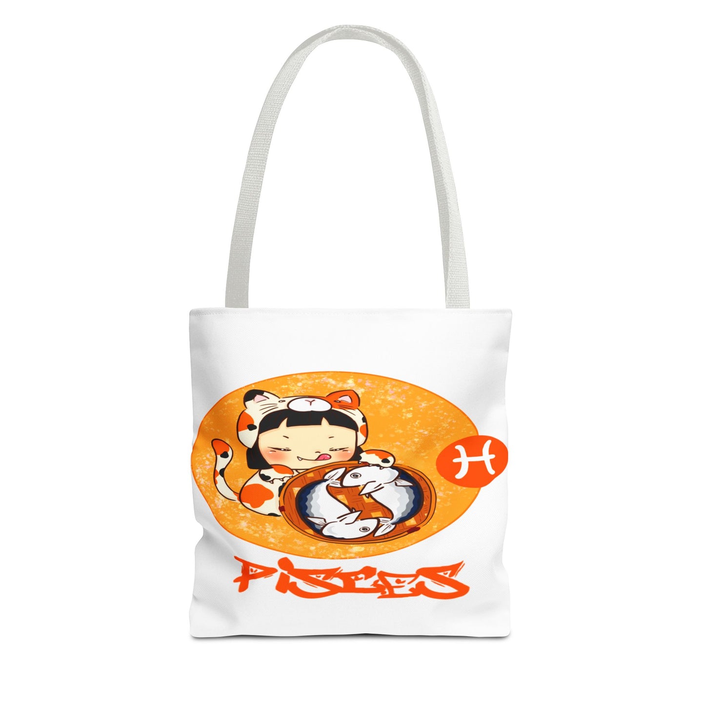 Pisces Chibi Cat Girl & Fish White Tote Bag, 3 Sizes