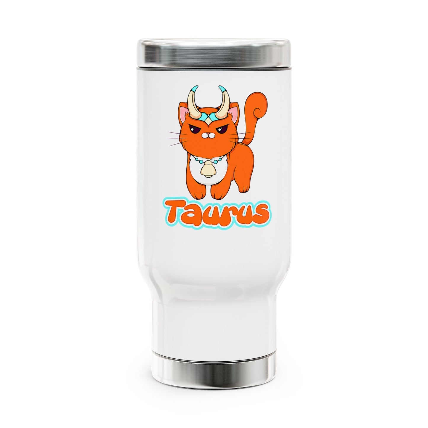 Taurus Anime Cat, Stainless Steel Travel Mug with Handle, 14oz