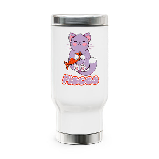 Pisces Anime Cat, Stainless Steel Travel Mug with Handle, 14oz