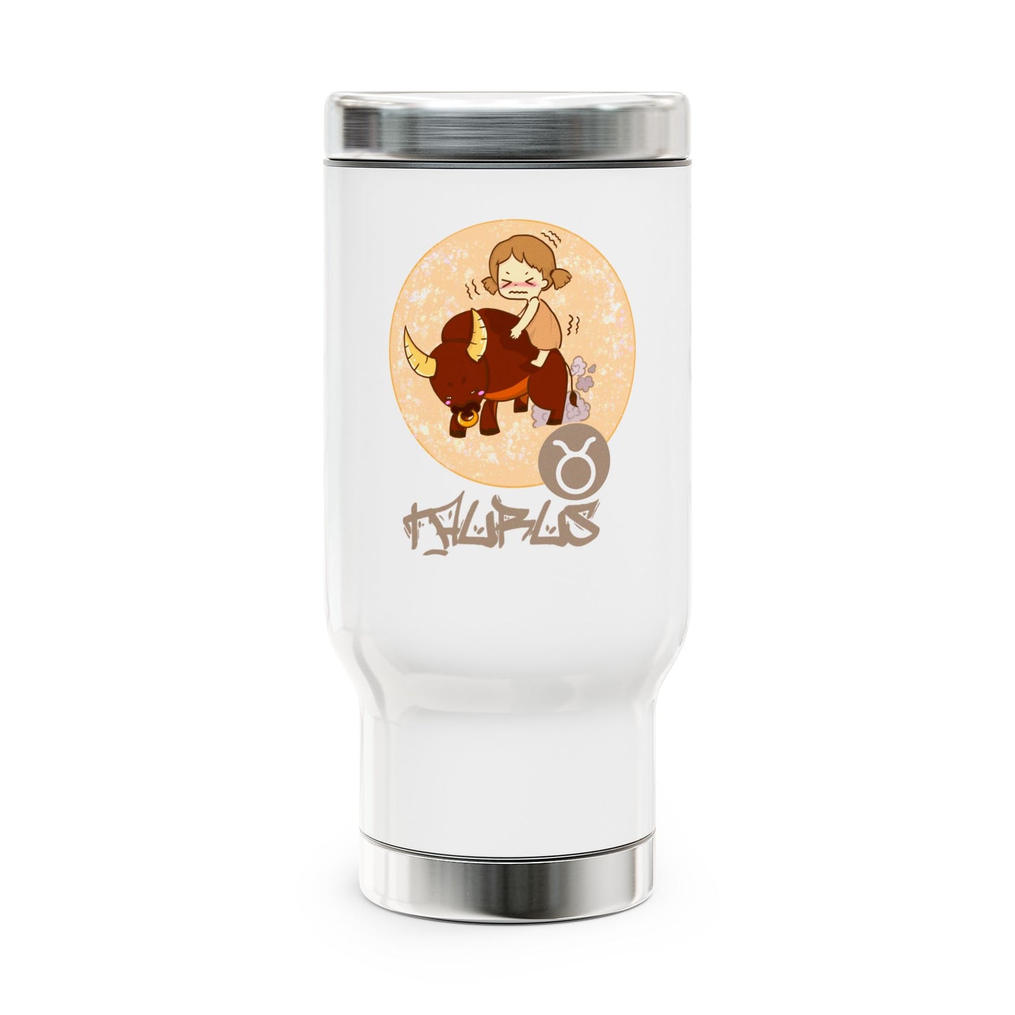 Taurus Chibi Girl & Bull, Stainless Steel Travel Mug with Handle, 14 oz