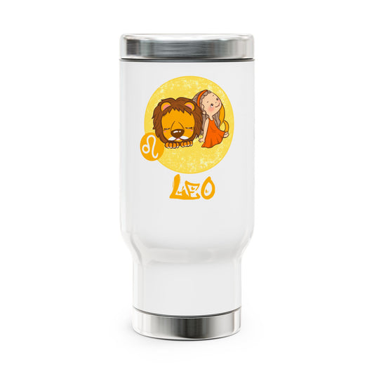 Leo Chibi Girl & Lion, Stainless Steel Travel Mug with Handle, 14 oz