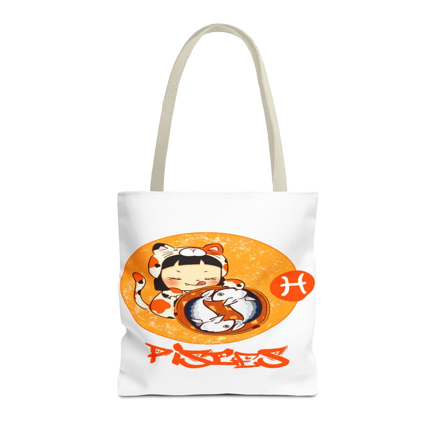 Pisces Chibi Cat Girl & Fish White Tote Bag, 3 Sizes