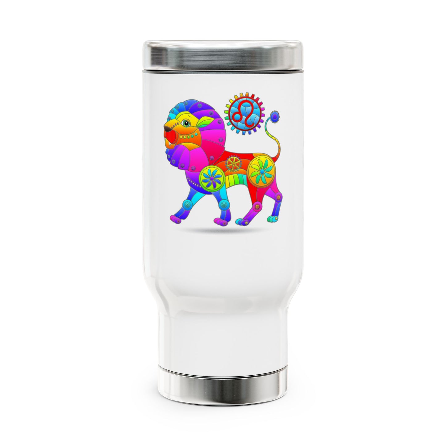 Leo Rainbow Steampunk, Stainless Steel Travel Mug with Handle, 14 oz