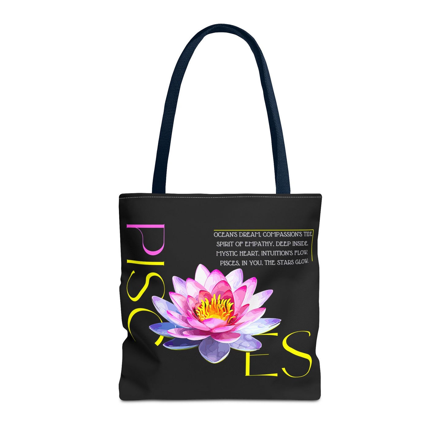 Pisces Lotus Flower Black Tote Bag, 3 Sizes