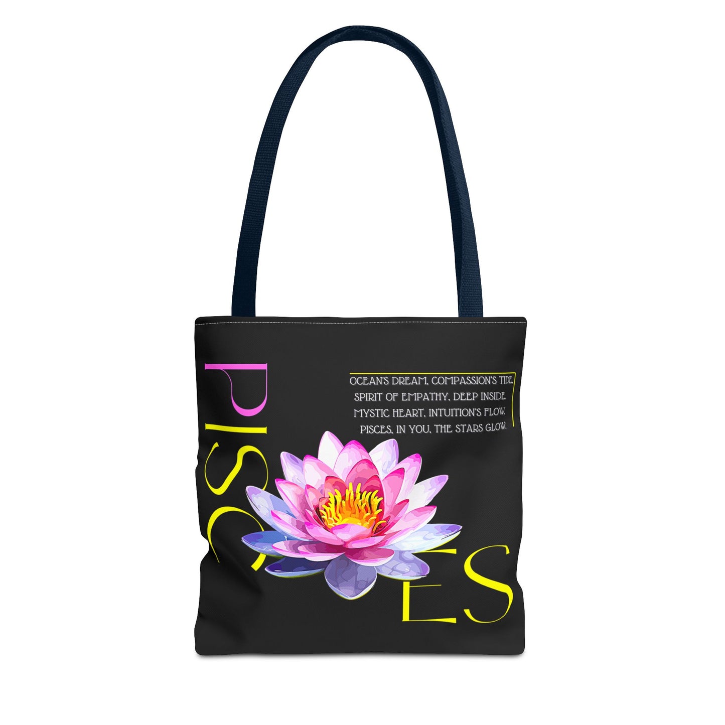 Pisces Lotus Flower Black Tote Bag, 3 Sizes