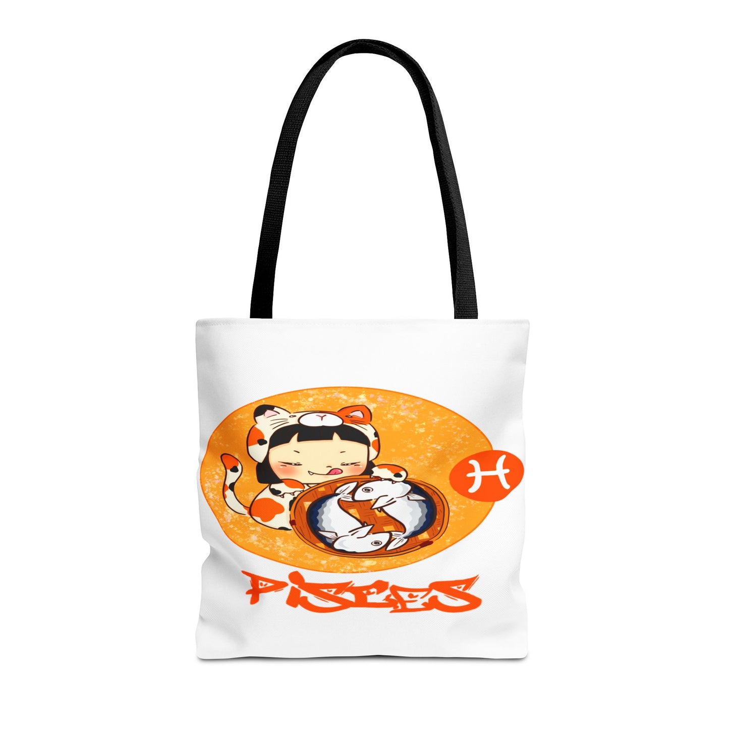 Pisces Chibi Cat Girl & Fish White Tote Bag, 3 Sizes