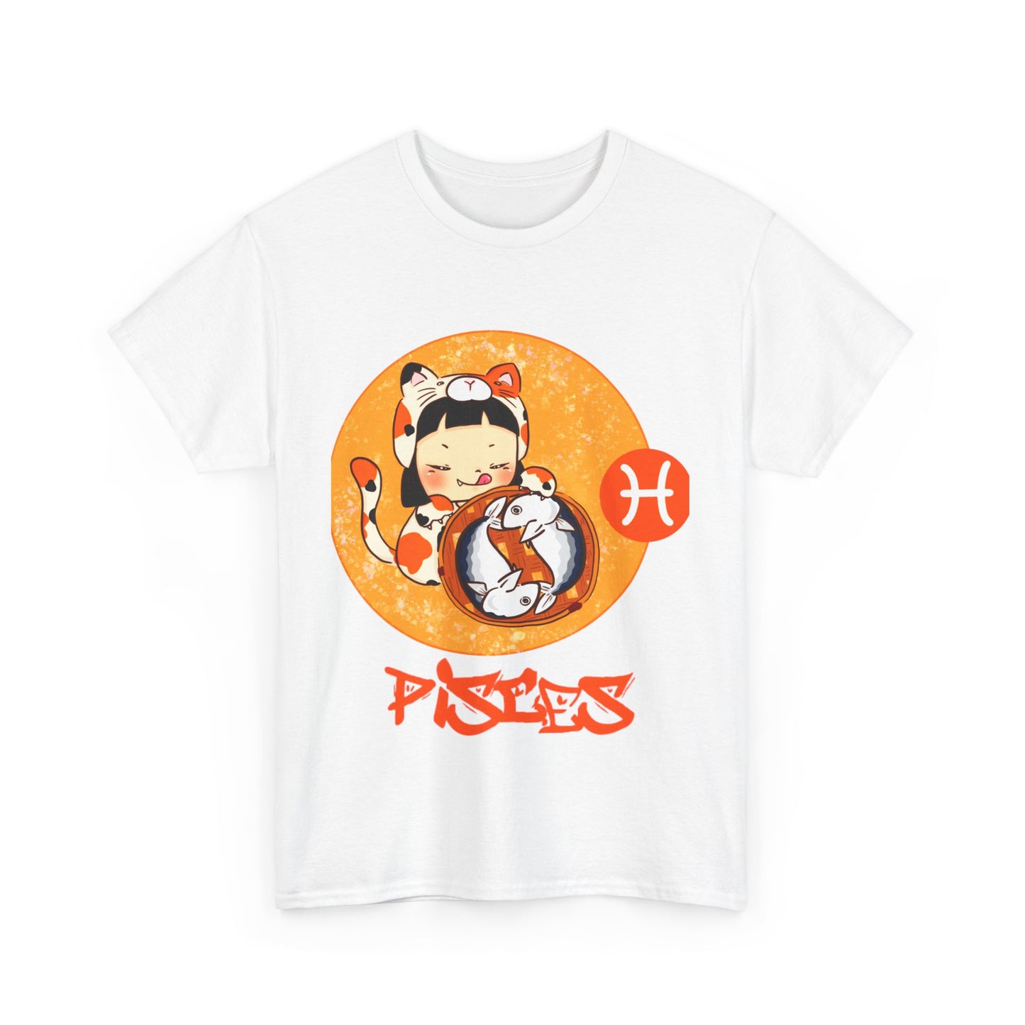 Pisces Chibi Cat Girl & Fish, Unisex Heavy Cotton Tee