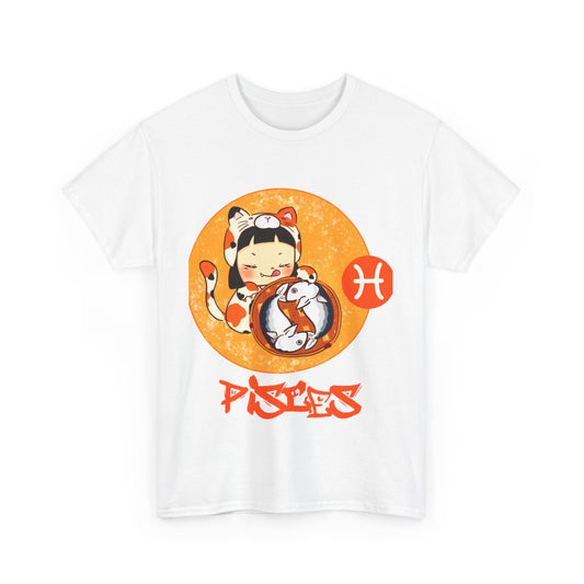 Pisces Chibi Cat Girl & Fish, Unisex Heavy Cotton Tee