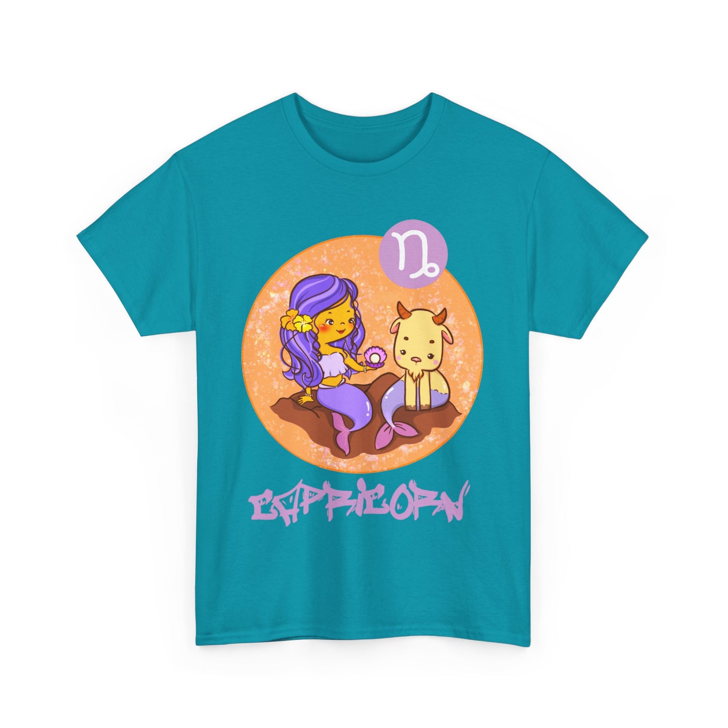 Capricorn Mermaid Chibi Girl & Goat, Unisex Heavy Cotton Tee