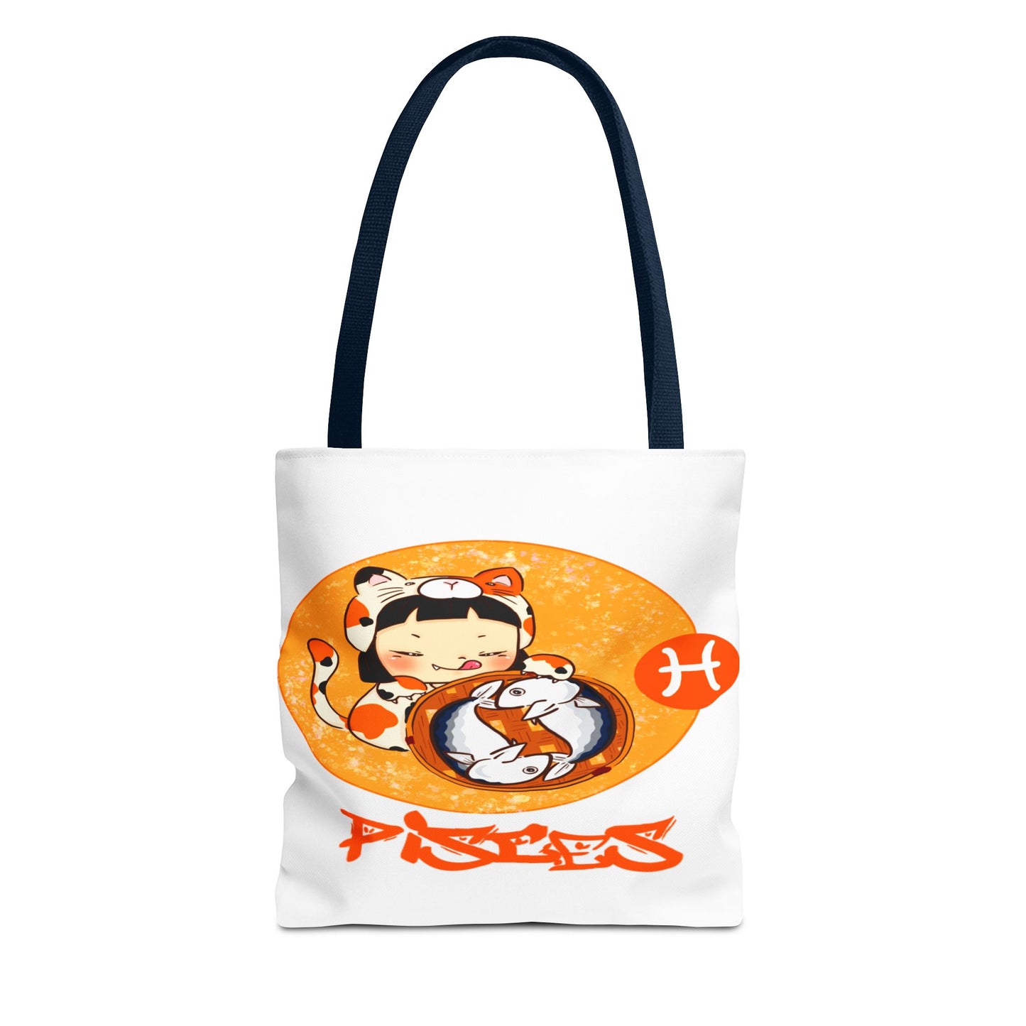 Pisces Chibi Cat Girl & Fish White Tote Bag, 3 Sizes