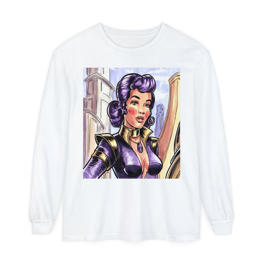 Vintage Cosmic Girl, Unisex Garment-dyed Long Sleeve T-Shirt