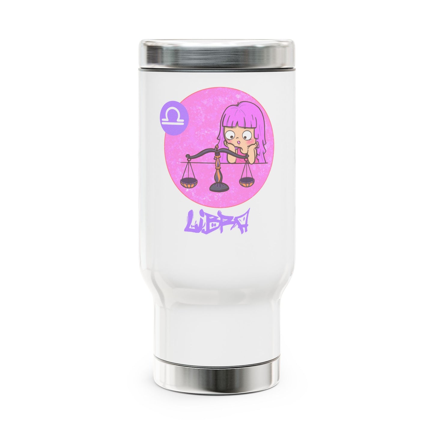 Libra Chibi Girl & Scales, Stainless Steel Travel Mug with Handle, 14 oz