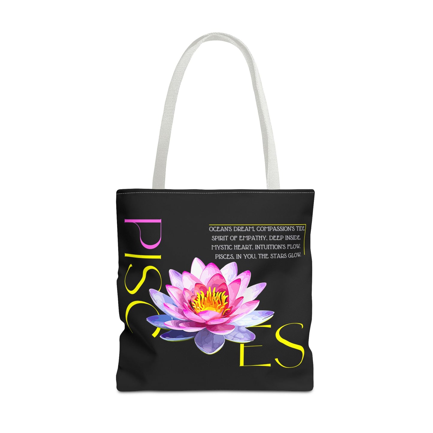 Pisces Lotus Flower Black Tote Bag, 3 Sizes